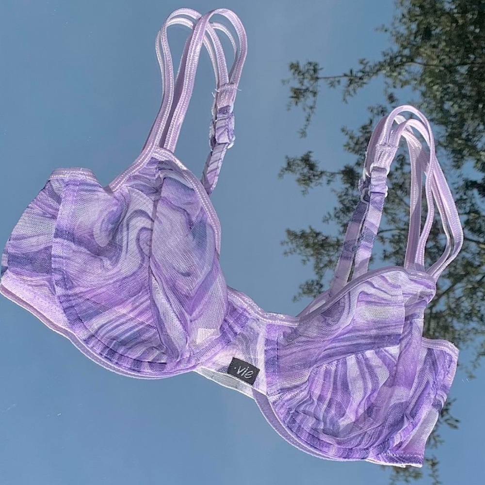 34C Purple Lavender Mesh Marble Swirl Print Unlined Bra